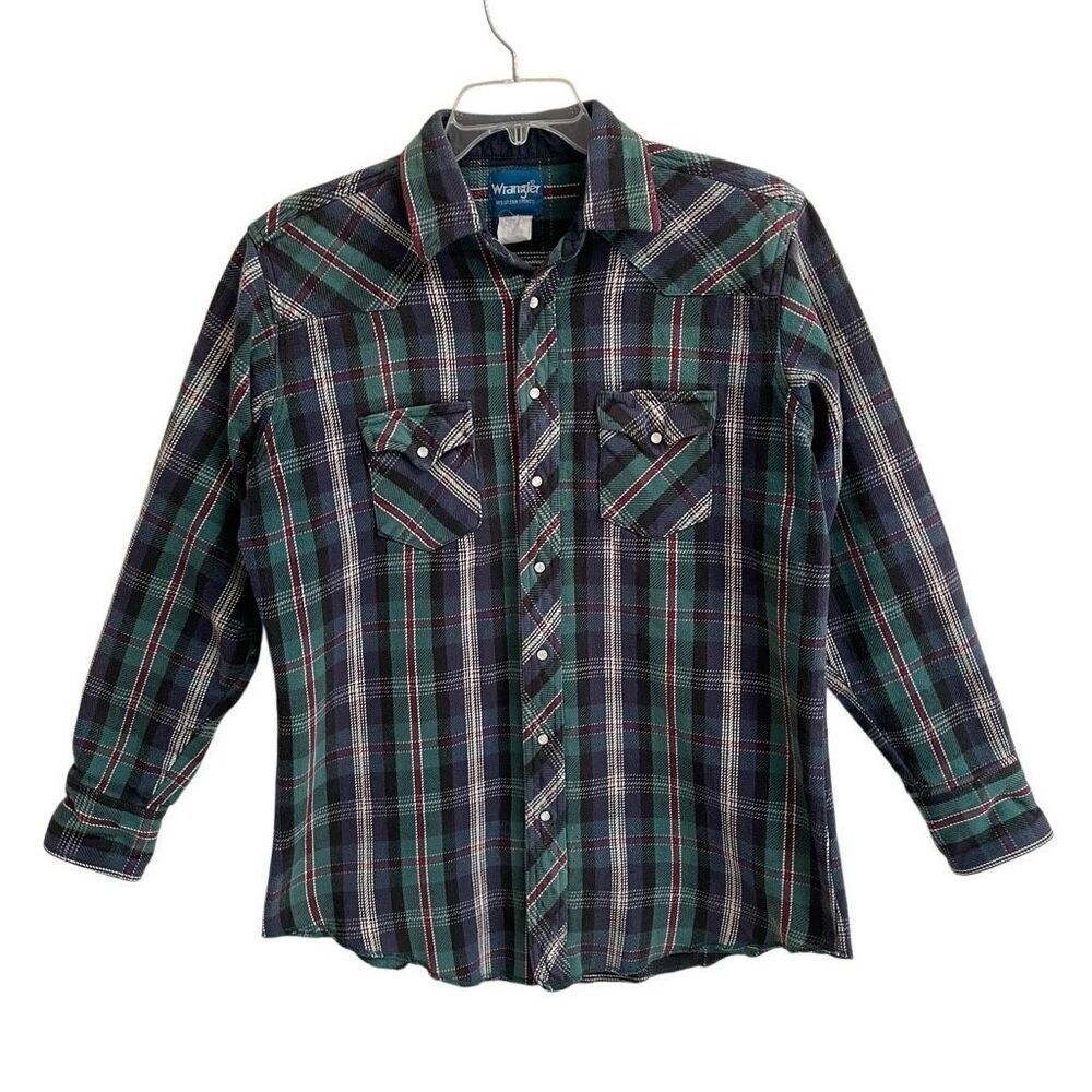Vintage Wrangler Western Pearl Snap heavyweight plaid shirt‎ men’s L rodeo blue